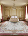 Vintage Aubusson Flat Weave Rug, Louis Philippe Rose Wreath styled in a bedroom
