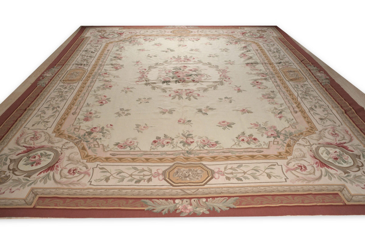 Vintage Aubusson Flat Weave Wool Rug, Louis Philippe Rose Wreath