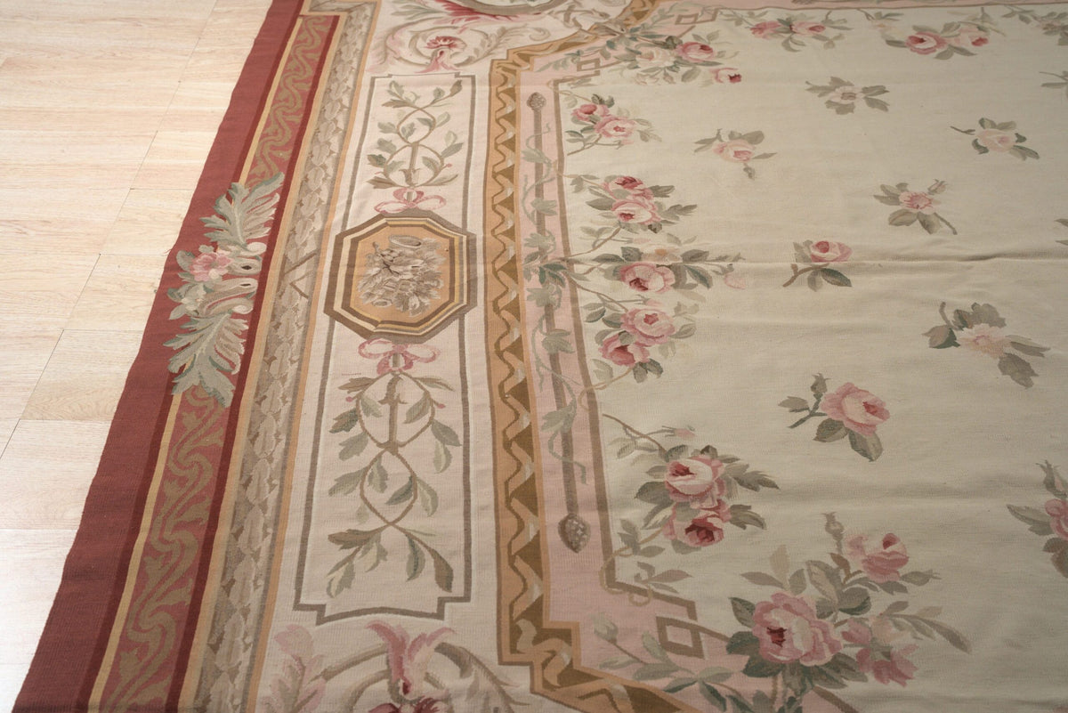 Vintage Aubusson Flat Weave Wool Rug, Louis Philippe Rose Wreath