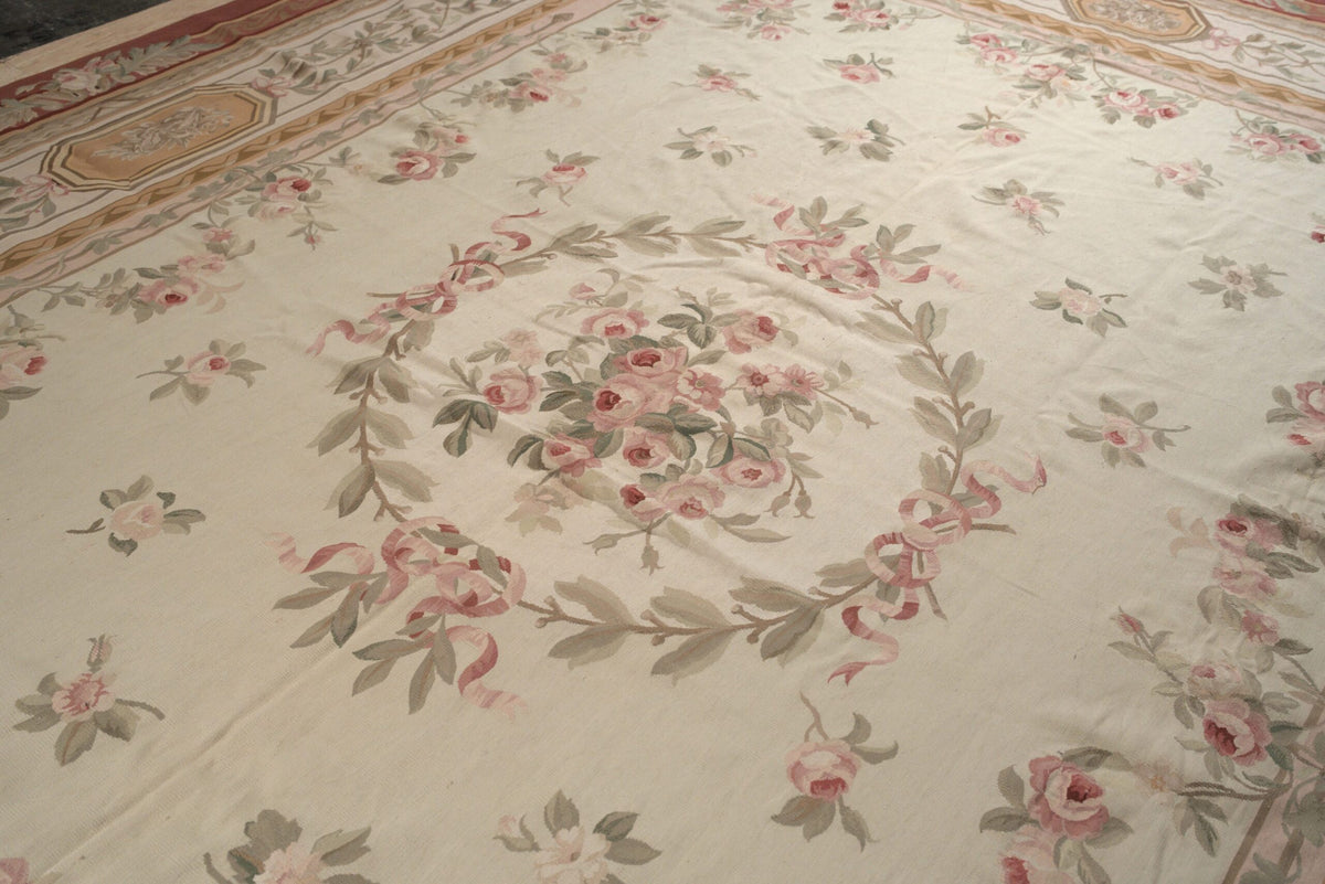 Vintage Aubusson Flat Weave Wool Rug, Louis Philippe Rose Wreath