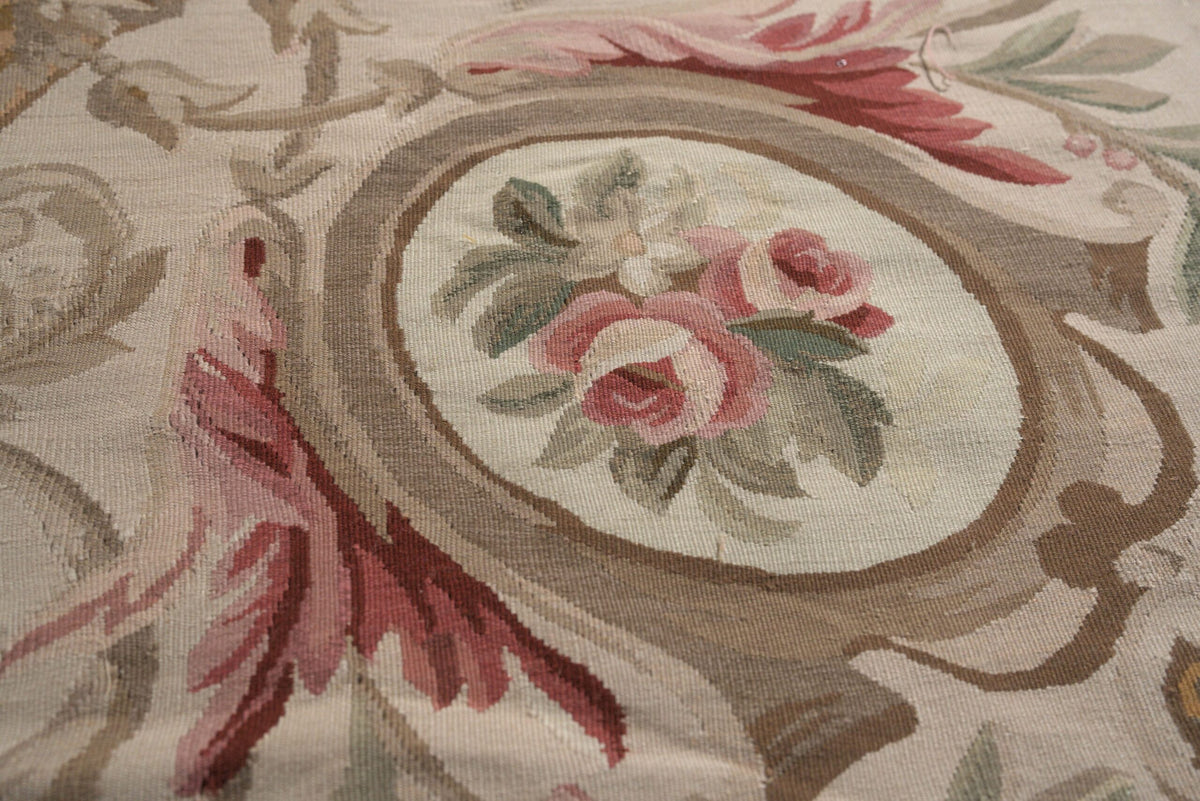 Vintage Aubusson Flat Weave Wool Rug, Louis Philippe Rose Wreath