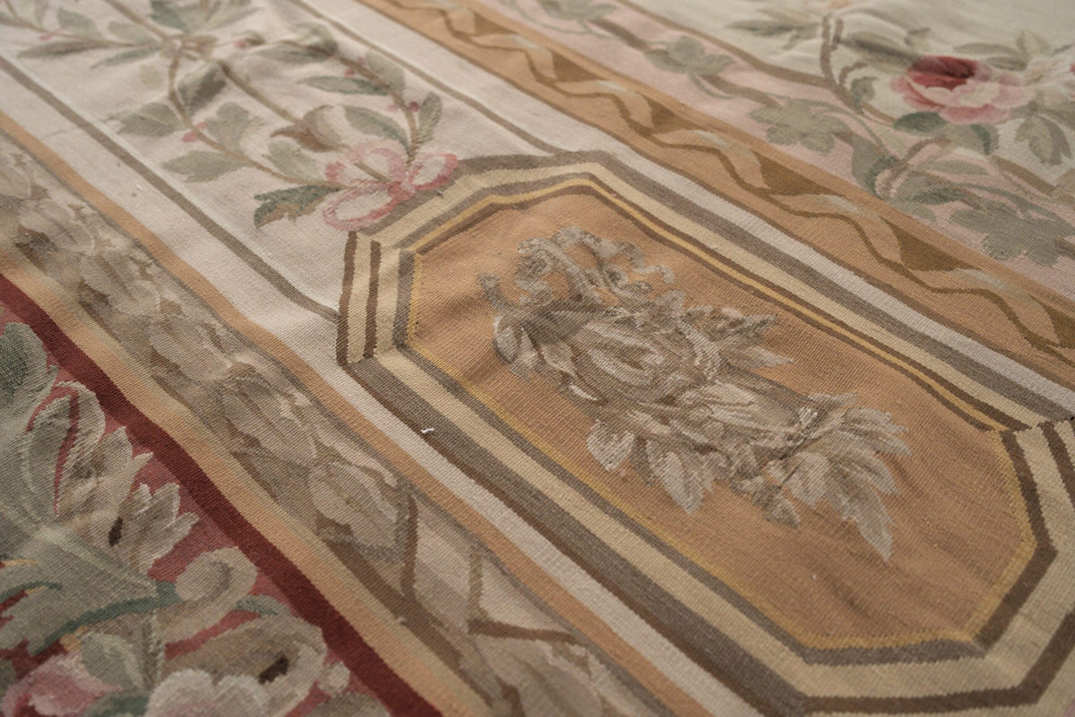 Vintage Aubusson Flat Weave Wool Rug, Louis Philippe Rose Wreath
