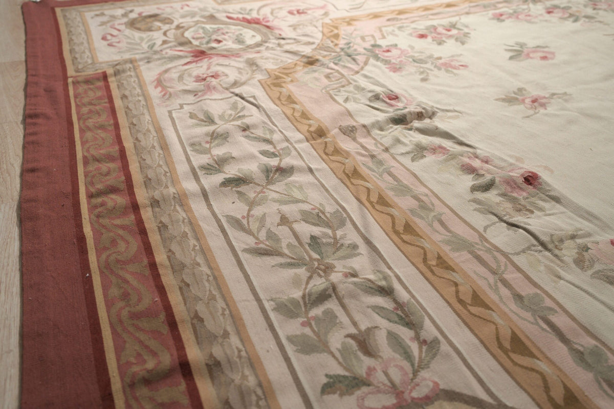 Vintage Aubusson Flat Weave Wool Rug, Louis Philippe Rose Wreath