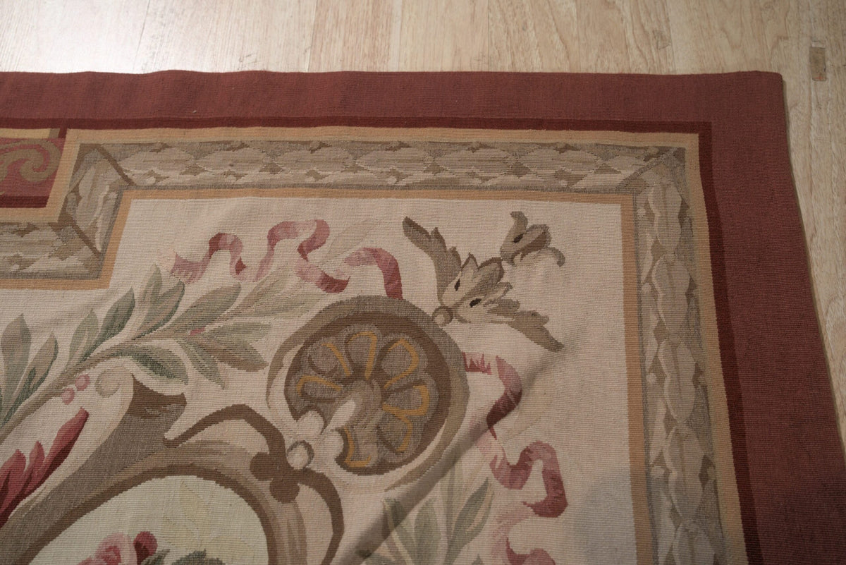 Vintage Aubusson Flat Weave Wool Rug, Louis Philippe Rose Wreath