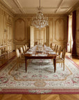 Vintage Aubusson Flat Weave Rug, Louis Philippe Rose Wreath styled in a dining room