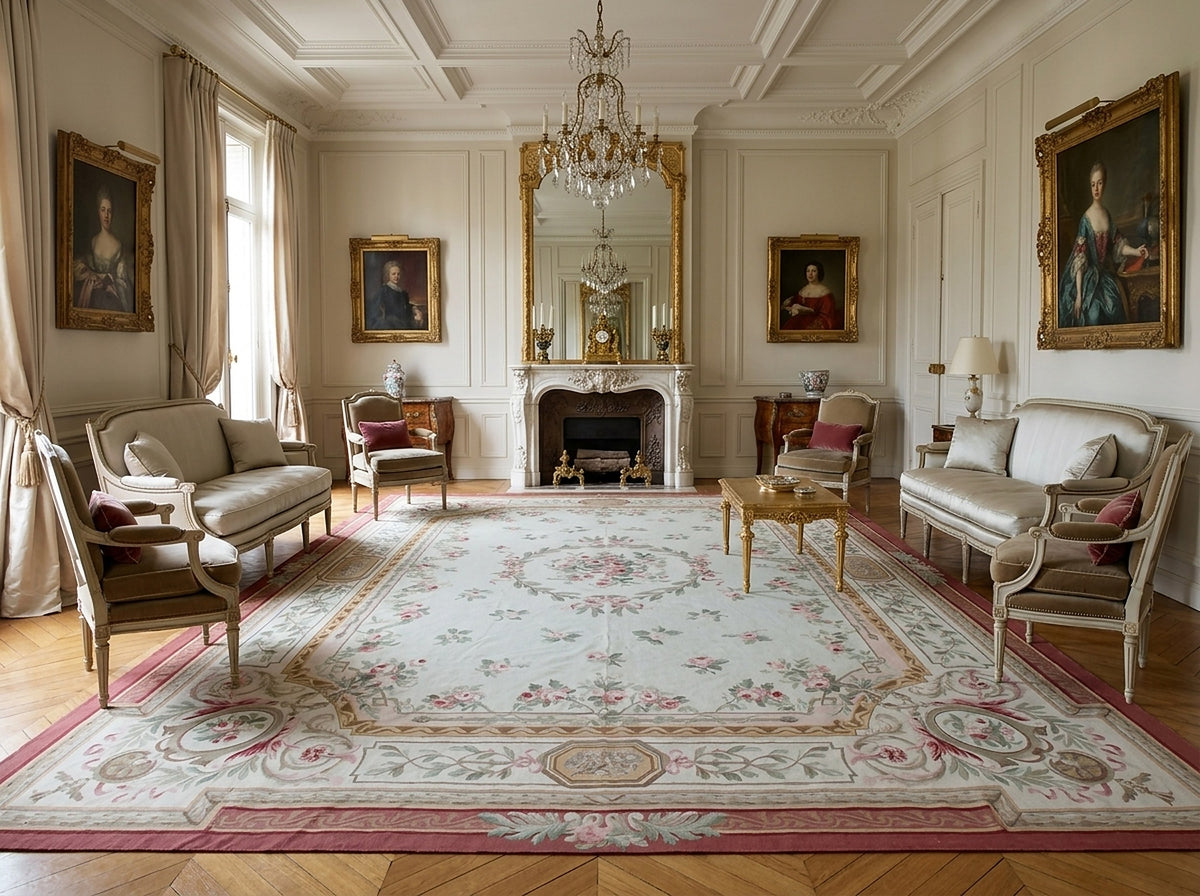 Vintage Aubusson Flat Weave Rug, Louis Philippe Rose Wreath styled in a living room