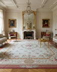 Vintage Aubusson Flat Weave Rug, Louis Philippe Rose Wreath styled in a living room