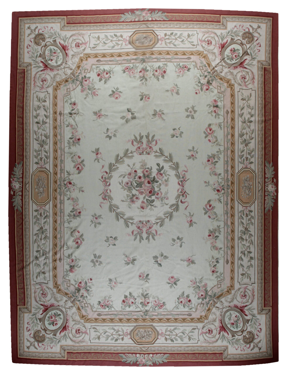 Vintage Aubusson Flat Weave Wool Rug, Louis Philippe Rose Wreath