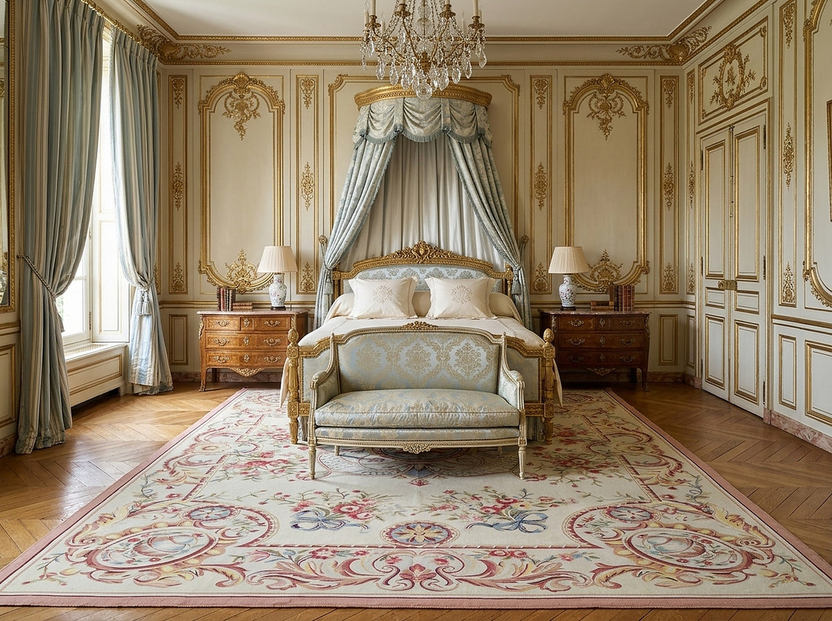 Vintage Aubusson Flat Weave Rug, Louis XV Rosette Medallion styled in a bedroom