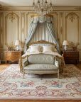 Vintage Aubusson Flat Weave Rug, Louis XV Rosette Medallion styled in a bedroom