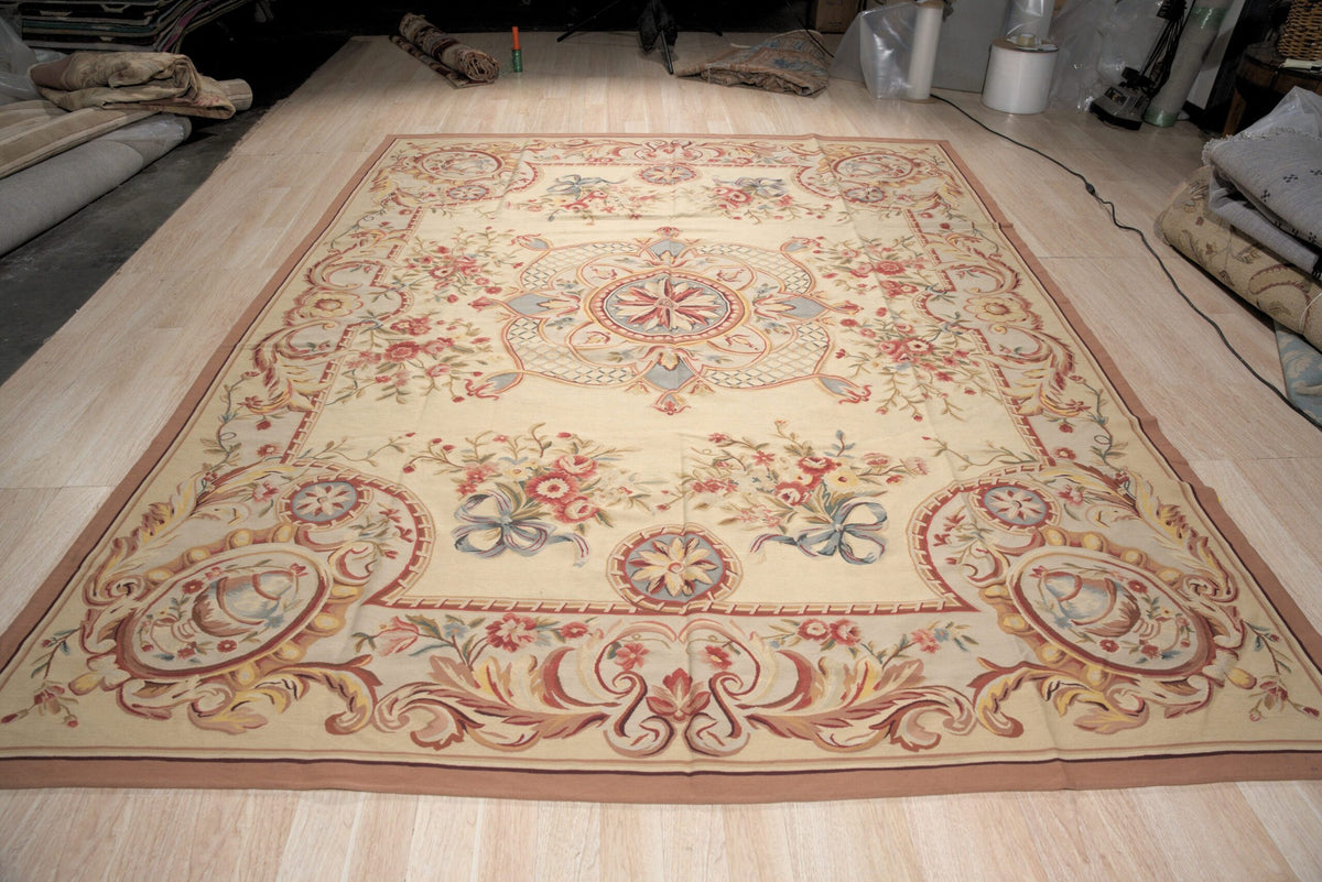 Vintage Aubusson Flat Weave Wool Rug, Louis XV Rosette Medallion