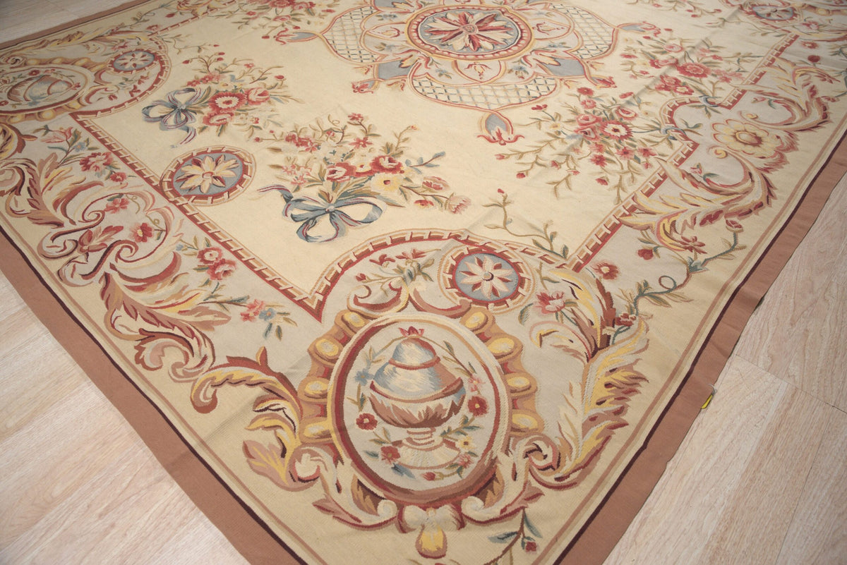 Vintage Aubusson Flat Weave Wool Rug, Louis XV Rosette Medallion
