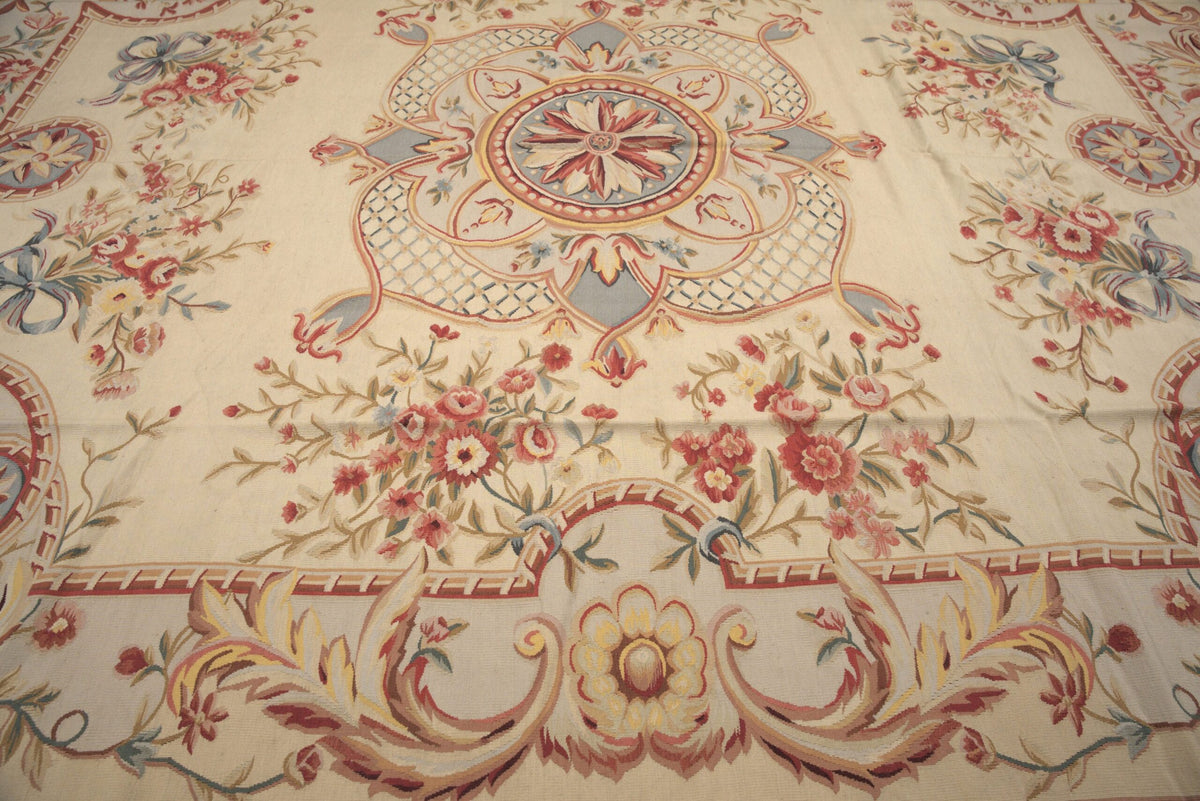 Vintage Aubusson Flat Weave Wool Rug, Louis XV Rosette Medallion