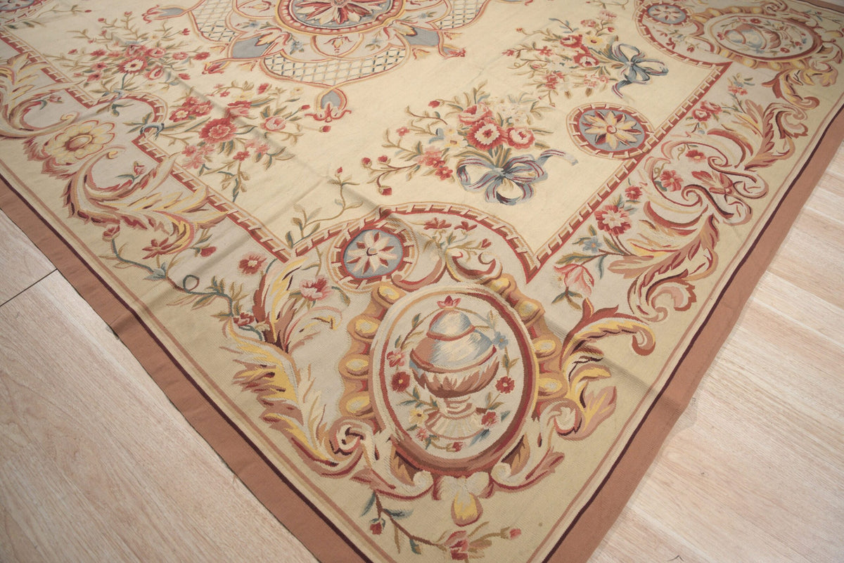 Vintage Aubusson Flat Weave Wool Rug, Louis XV Rosette Medallion