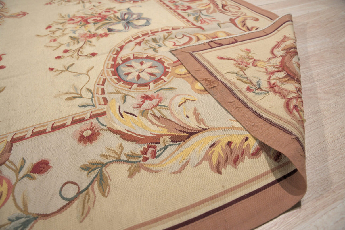Vintage Aubusson Flat Weave Wool Rug, Louis XV Rosette Medallion