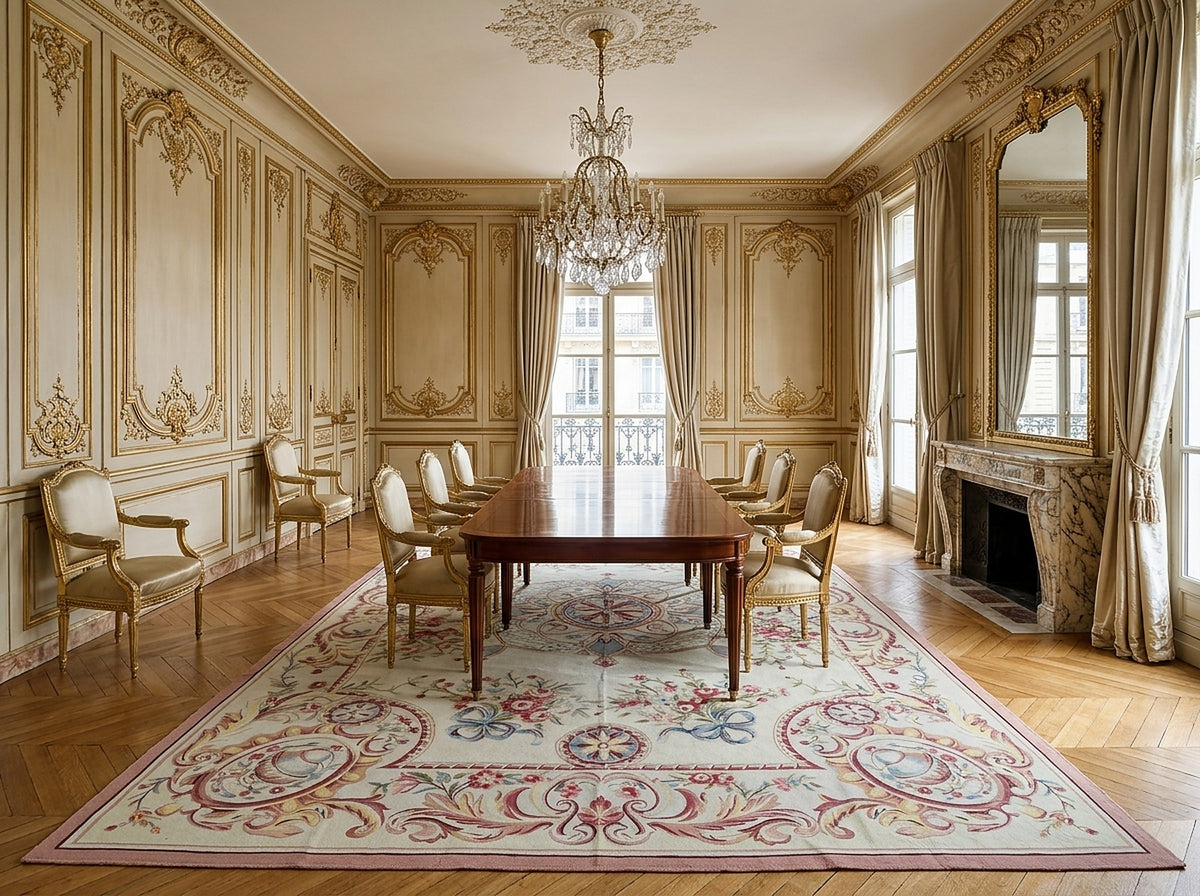 Vintage Aubusson Flat Weave Rug, Louis XV Rosette Medallion styled in a dining room