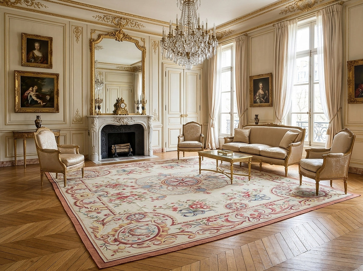 Vintage Aubusson Flat Weave Rug, Louis XV Rosette Medallion styled in a living room