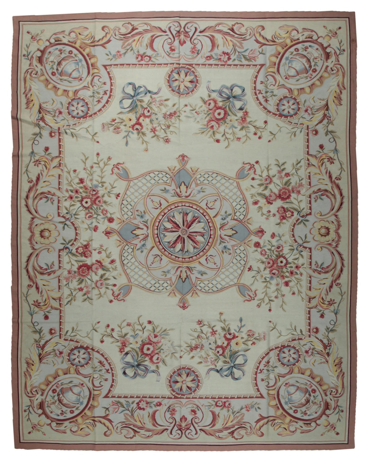Vintage Aubusson Flat Weave Wool Rug, Louis XV Rosette Medallion