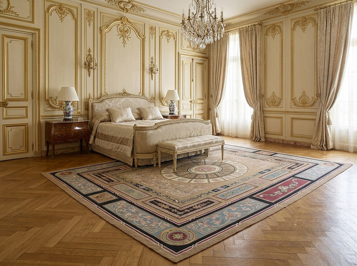 Vintage Aubusson Flat Weave Rug, Neoclassical Compass Medallion styled in a bedroom