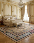 Vintage Aubusson Flat Weave Rug, Neoclassical Compass Medallion styled in a bedroom
