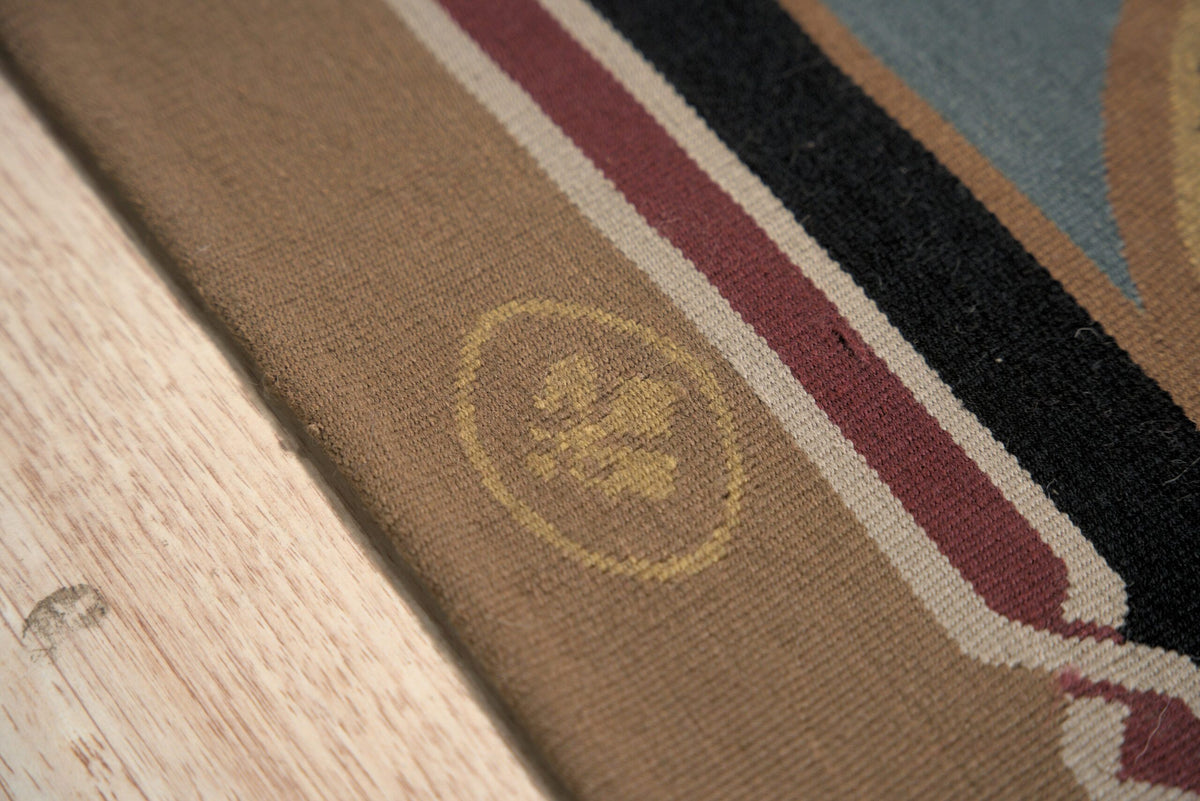 Vintage Aubusson Flat Weave Wool Rug, Neoclassical Compass Medallion