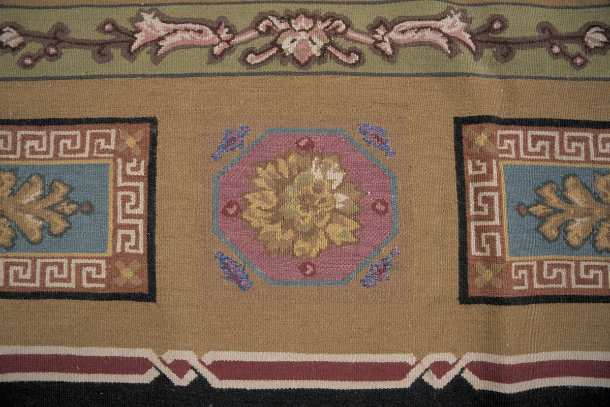 Vintage Aubusson Flat Weave Wool Rug, Neoclassical Compass Medallion