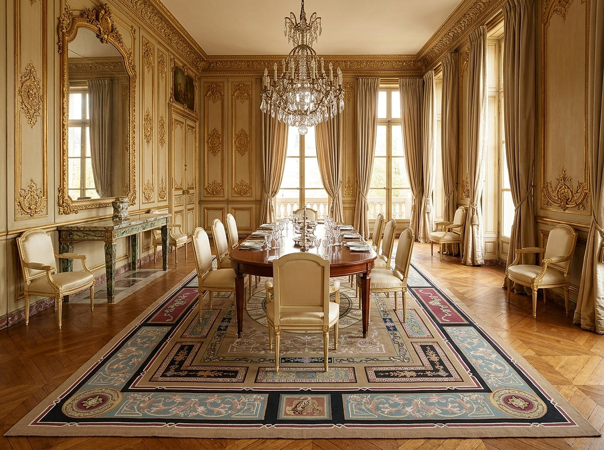 Vintage Aubusson Flat Weave Rug, Neoclassical Compass Medallion styled in a dining room