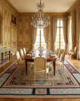 Vintage Aubusson Flat Weave Rug, Neoclassical Compass Medallion styled in a dining room