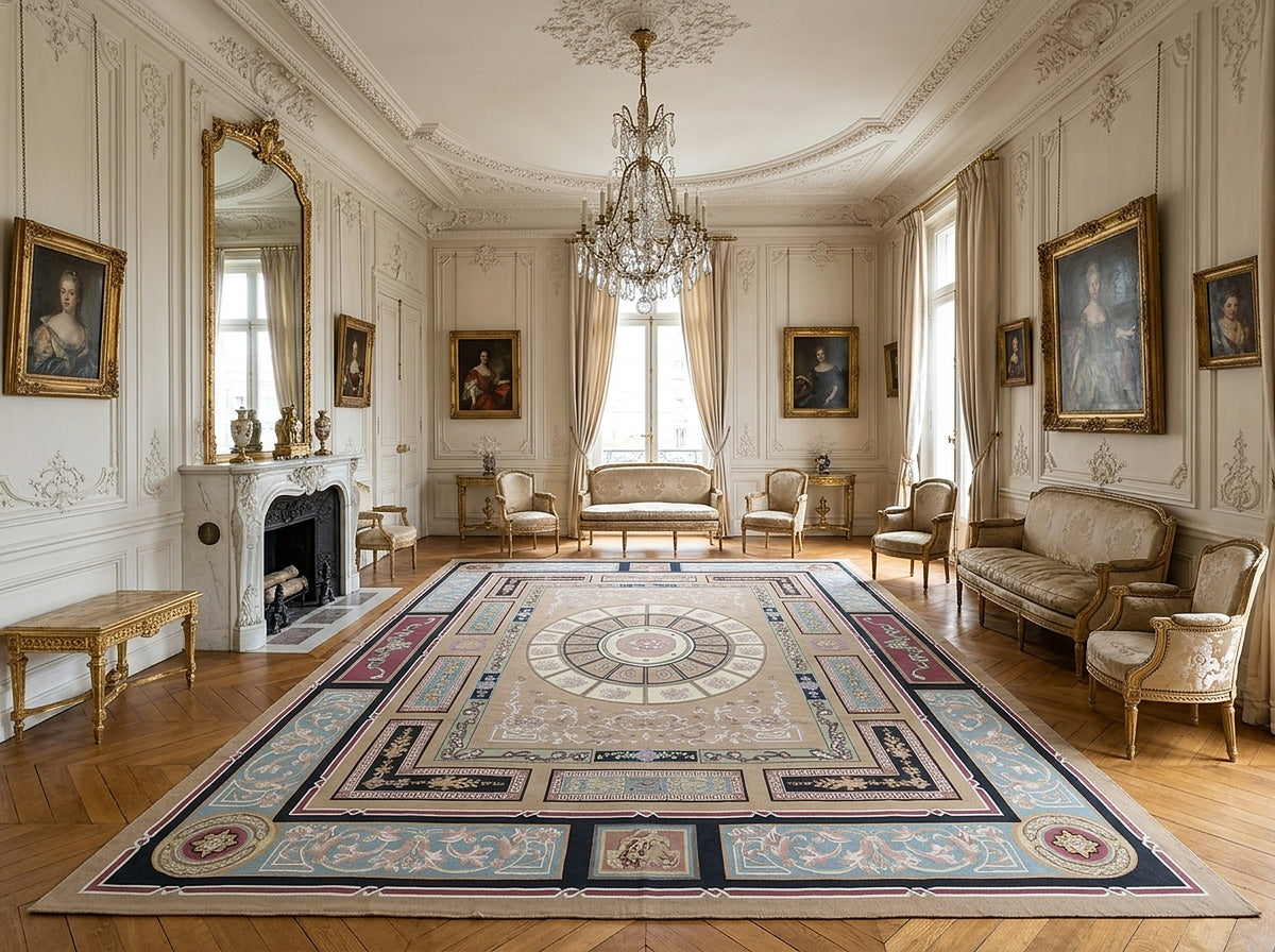 Vintage Aubusson Flat Weave Rug, Neoclassical Compass Medallion styled in a living room
