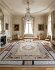 Vintage Aubusson Flat Weave Rug, Neoclassical Compass Medallion styled in a living room