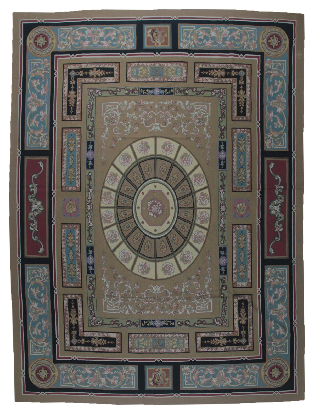 Vintage Aubusson Flat Weave Wool Rug, Neoclassical Compass Medallion