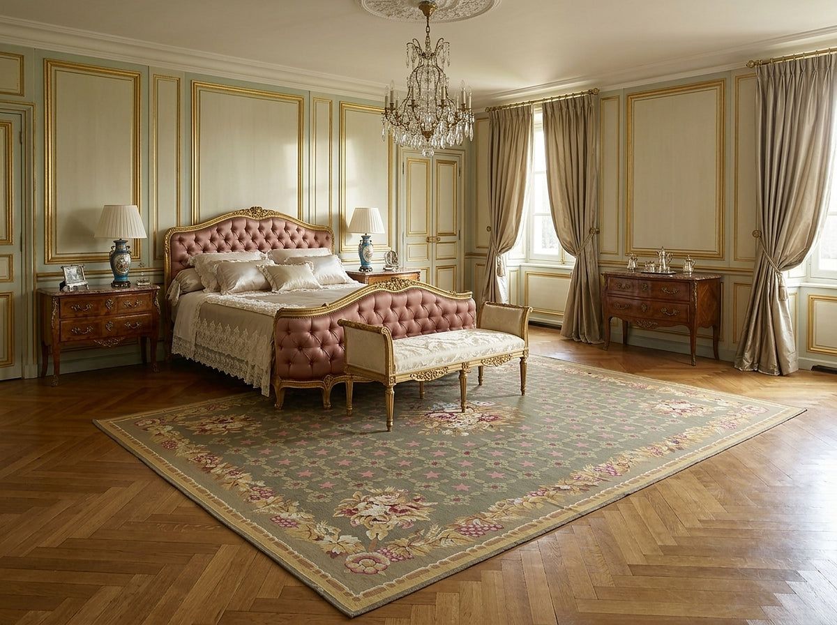 Vintage Aubusson flat weave rug styled in a bedroom