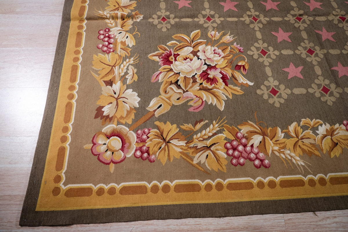 Vintage Aubusson Flat Weave Rug, Olive Green Star Lattice