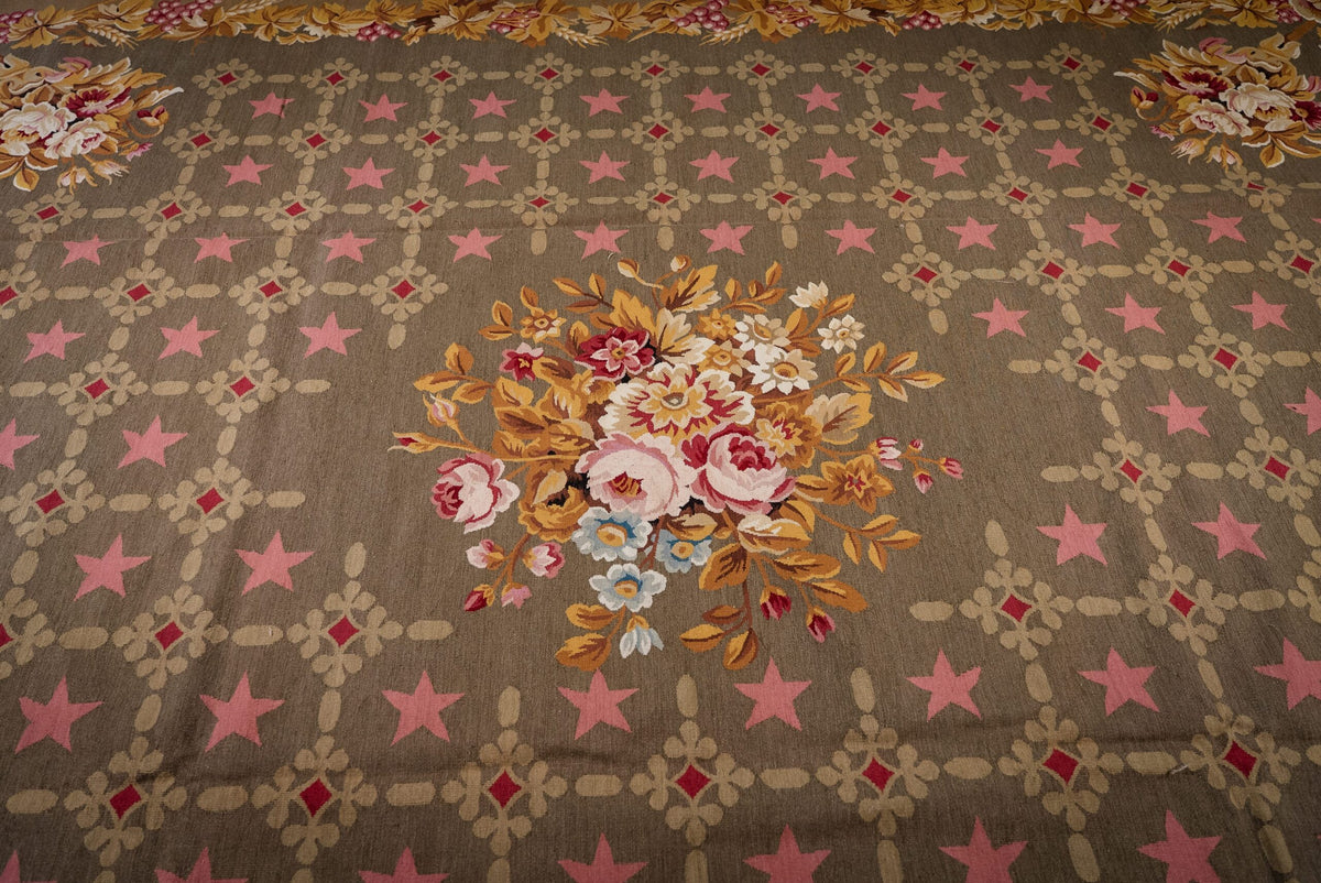 Vintage Aubusson Flat Weave Rug, Olive Green Star Lattice
