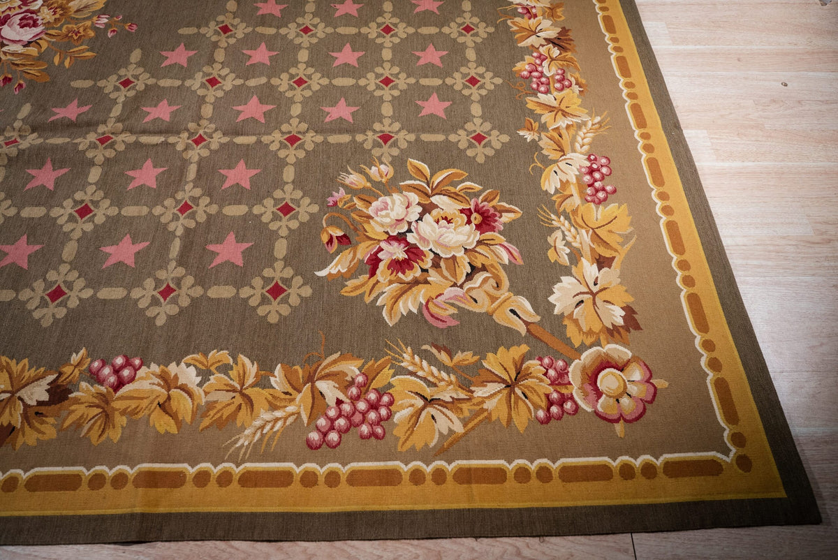 Vintage Aubusson Flat Weave Rug, Olive Green Star Lattice