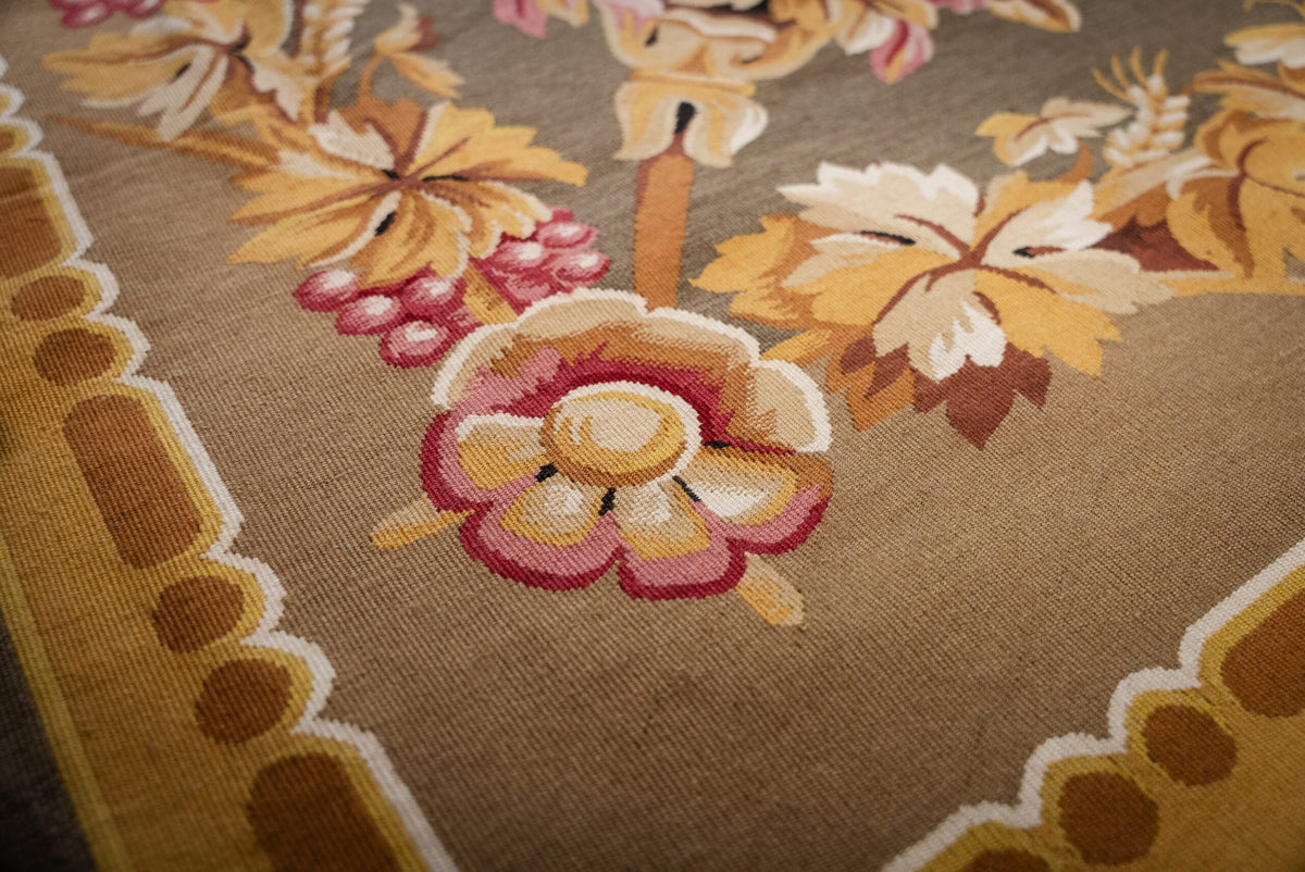Vintage Aubusson Flat Weave Rug, Olive Green Star Lattice