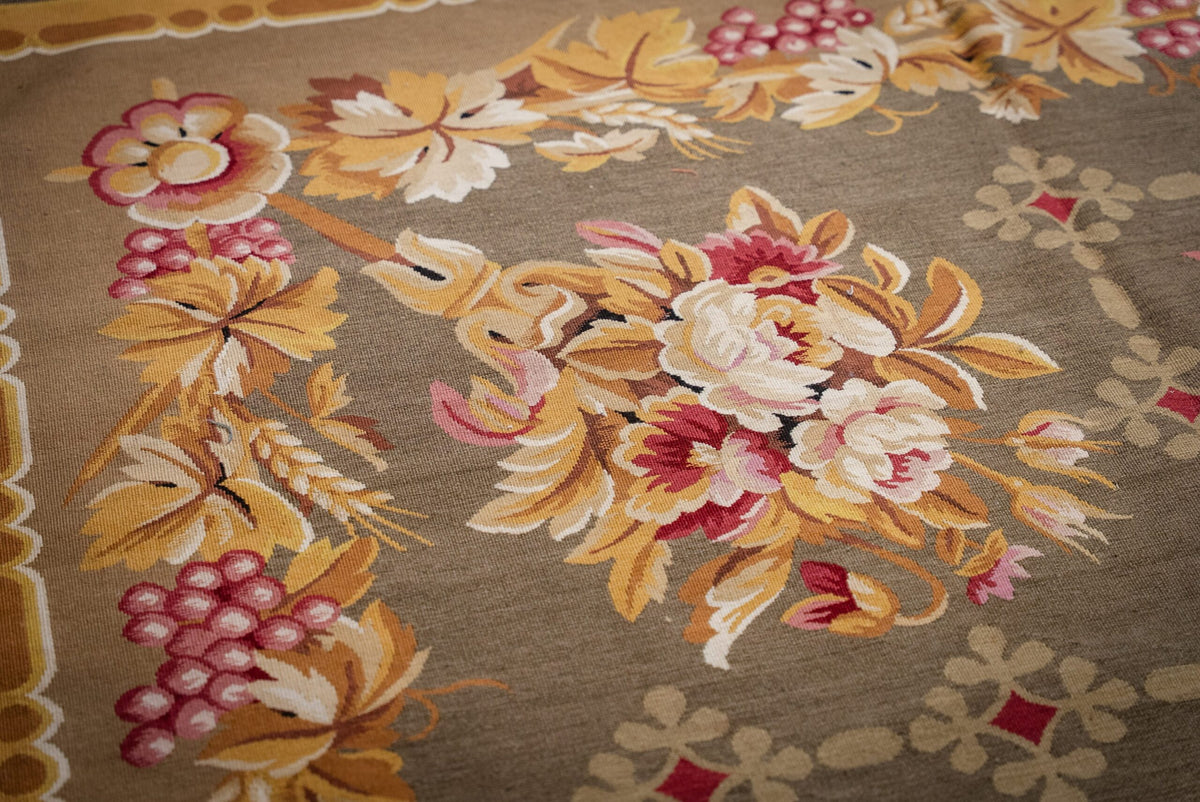 Vintage Aubusson Flat Weave Rug, Olive Green Star Lattice