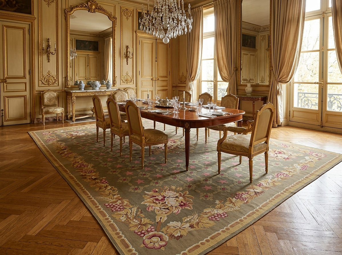 Vintage Aubusson flat weave rug styled in a dining room