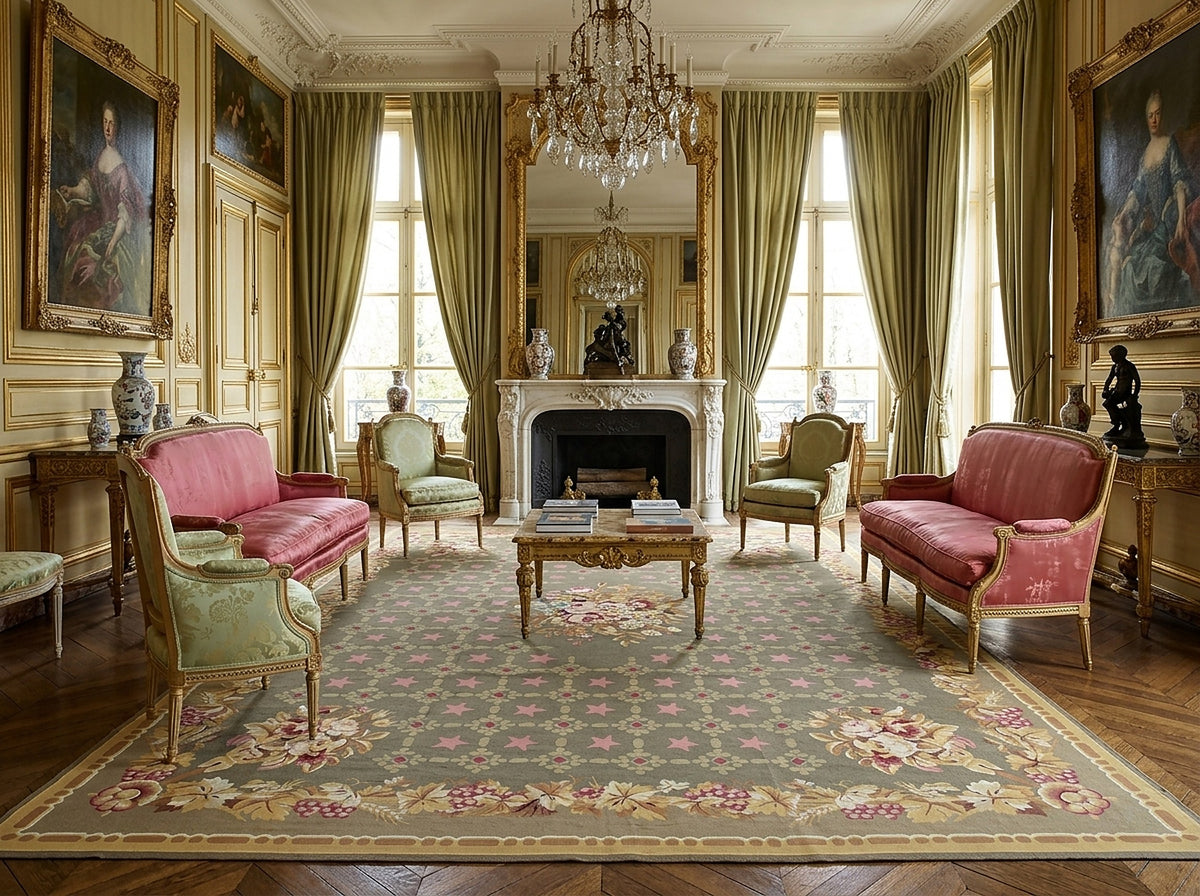 Vintage Aubusson flat weave rug styled in a living room