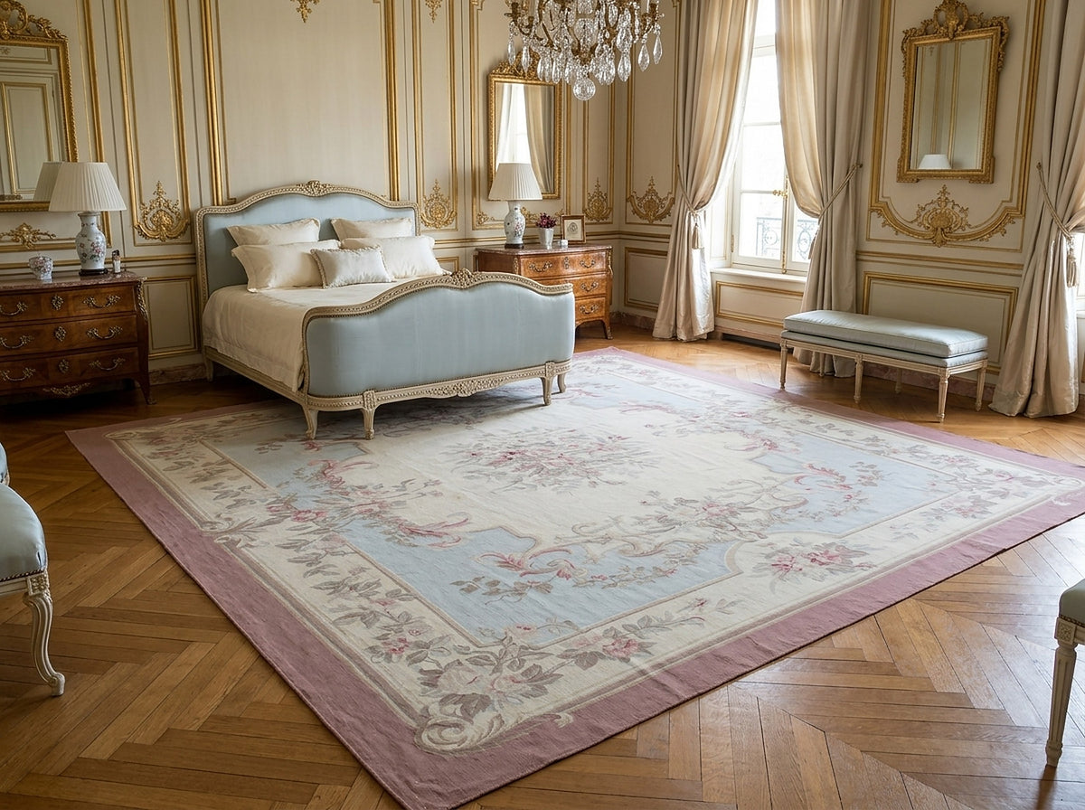 Vintage Aubusson Flat Weave Rug, Pastel Rose Bouquet styled in a bedroom