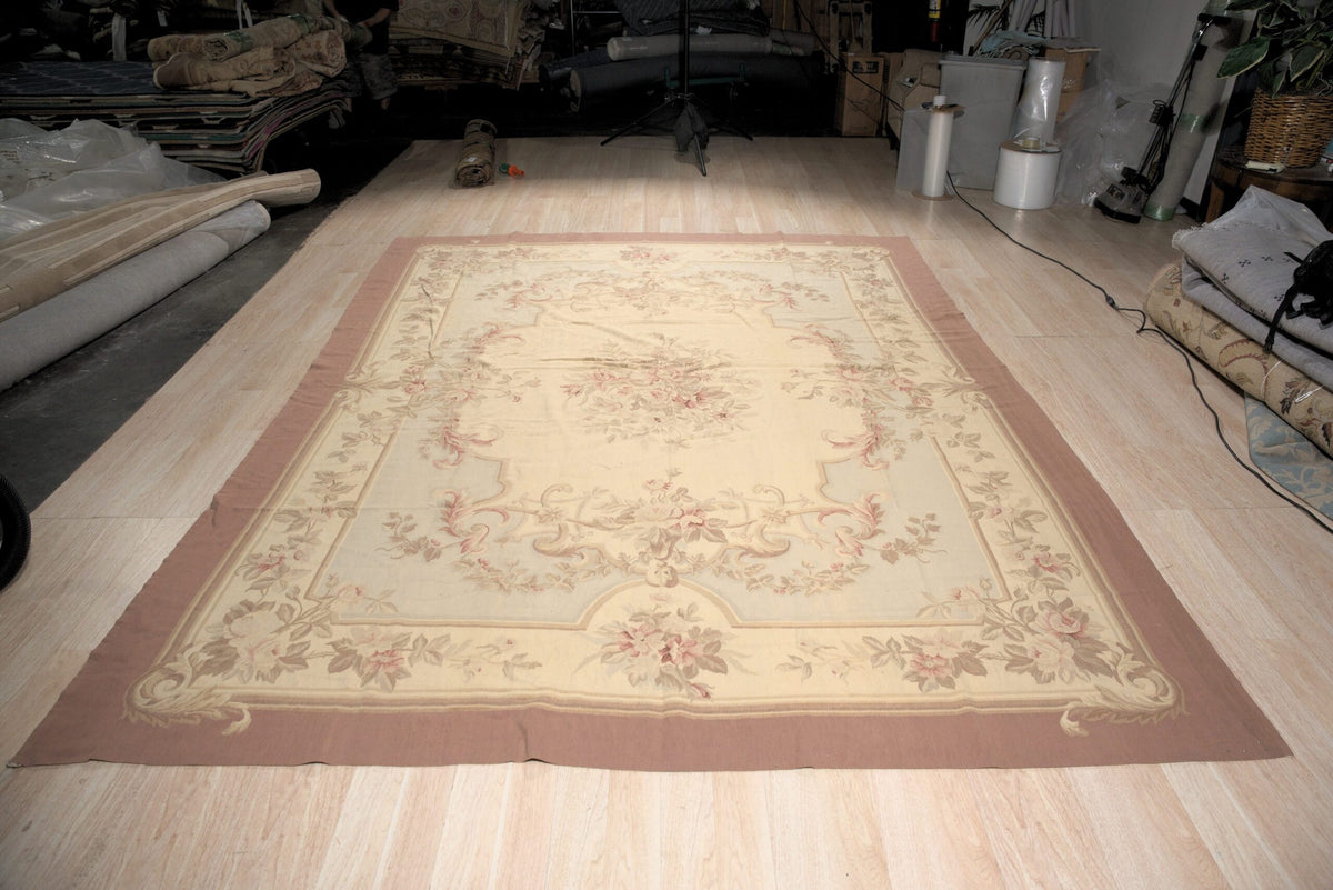 Vintage Aubusson Flat Weave Wool Rug, Pastel Rose Bouquet