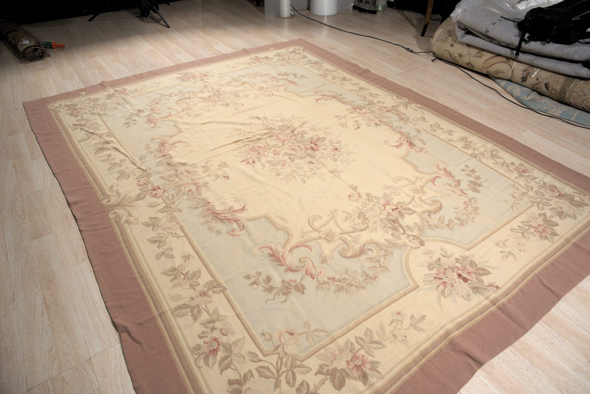 Vintage Aubusson Flat Weave Wool Rug, Pastel Rose Bouquet