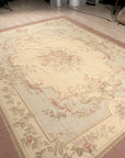 Vintage Aubusson Flat Weave Wool Rug, Pastel Rose Bouquet