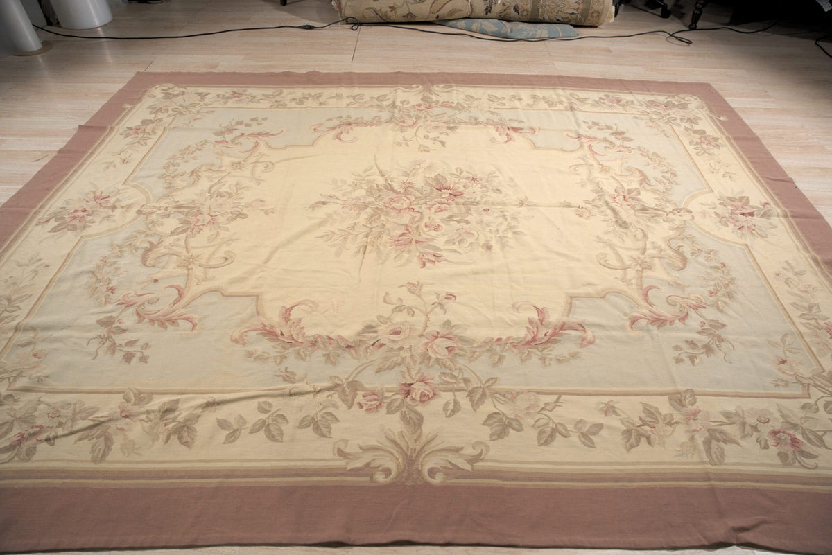 Vintage Aubusson Flat Weave Wool Rug, Pastel Rose Bouquet