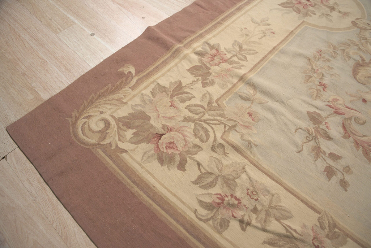 Vintage Aubusson Flat Weave Wool Rug, Pastel Rose Bouquet