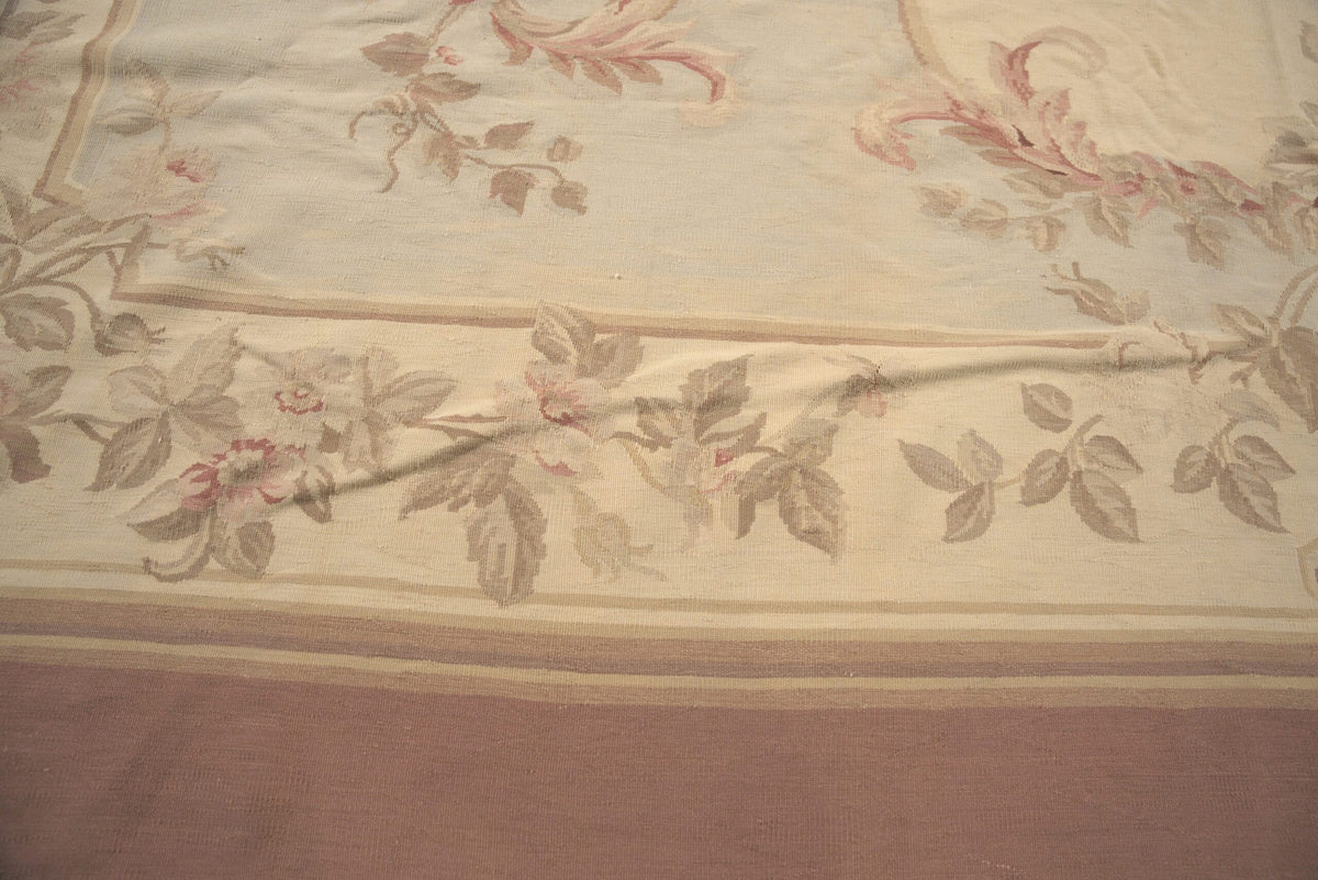 Vintage Aubusson Flat Weave Wool Rug, Pastel Rose Bouquet