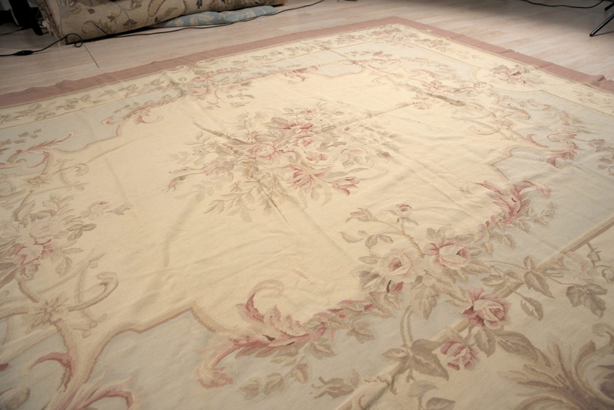 Vintage Aubusson Flat Weave Wool Rug, Pastel Rose Bouquet
