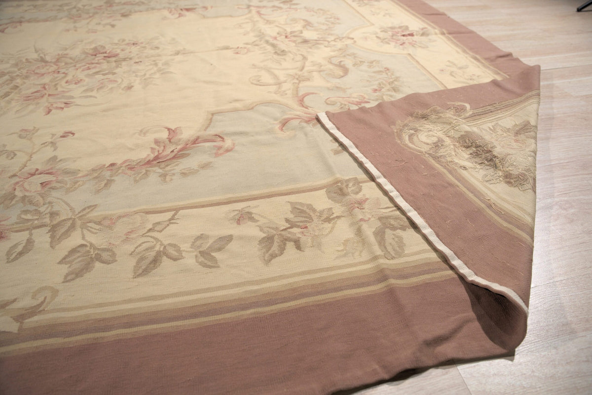 Vintage Aubusson Flat Weave Wool Rug, Pastel Rose Bouquet