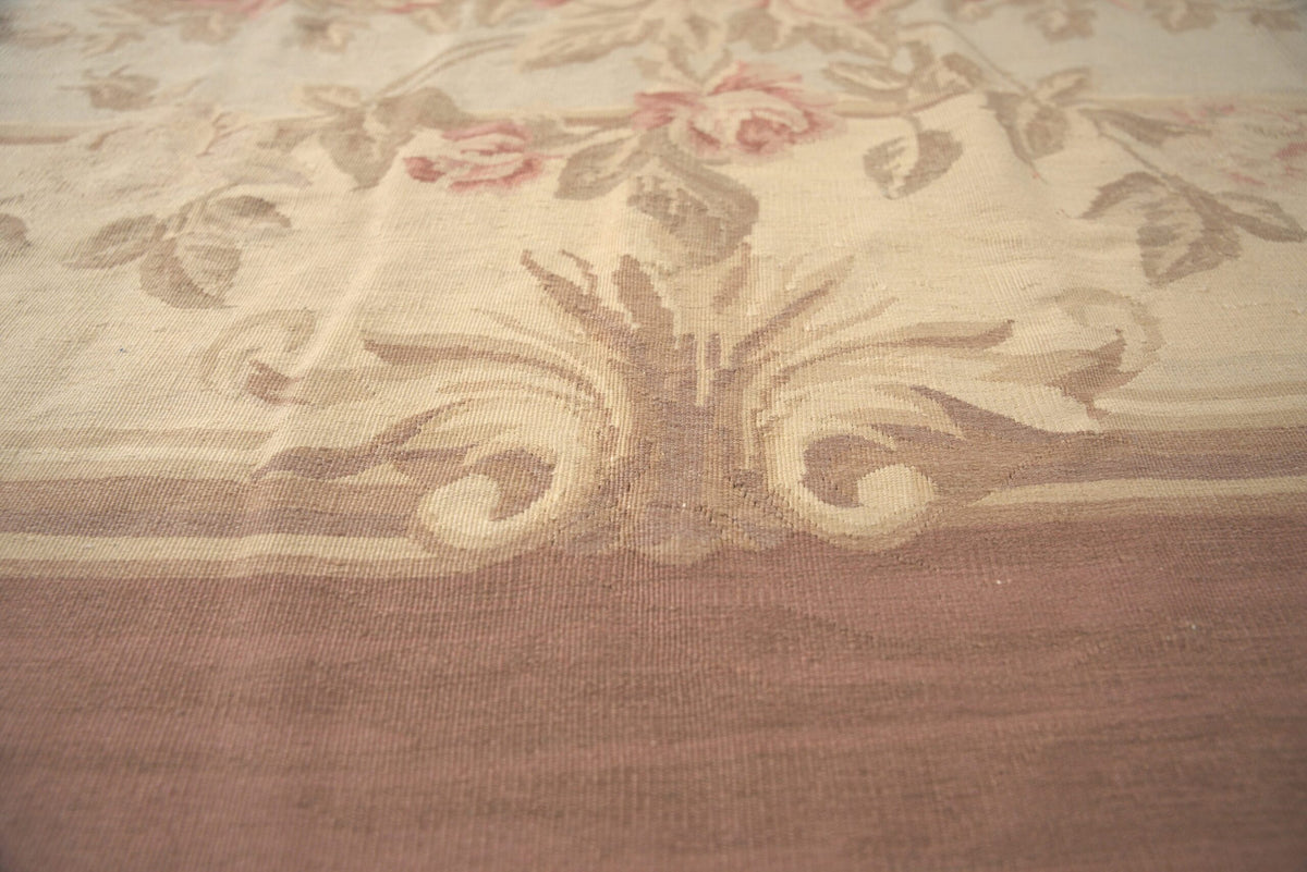 Vintage Aubusson Flat Weave Wool Rug, Pastel Rose Bouquet