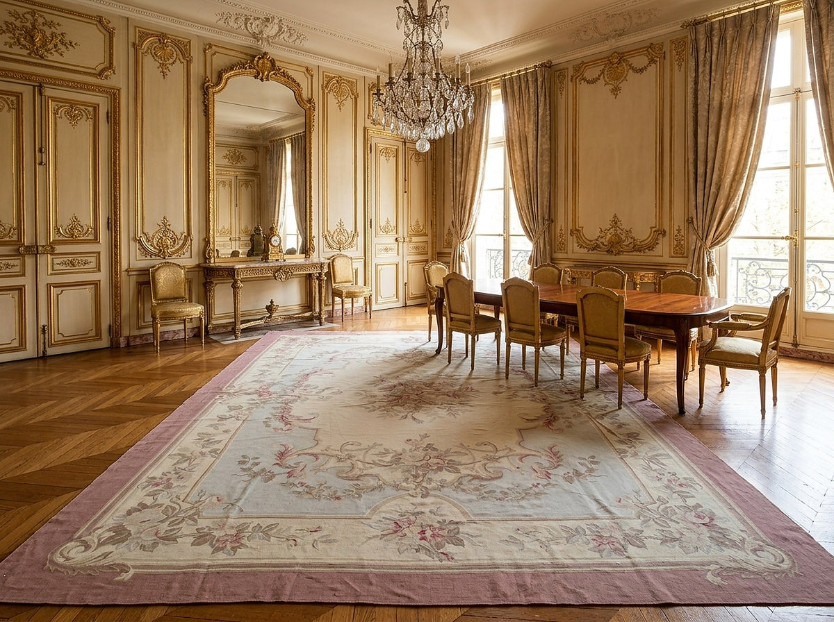 Vintage Aubusson Flat Weave Rug, Pastel Rose Bouquet styled in a dining room